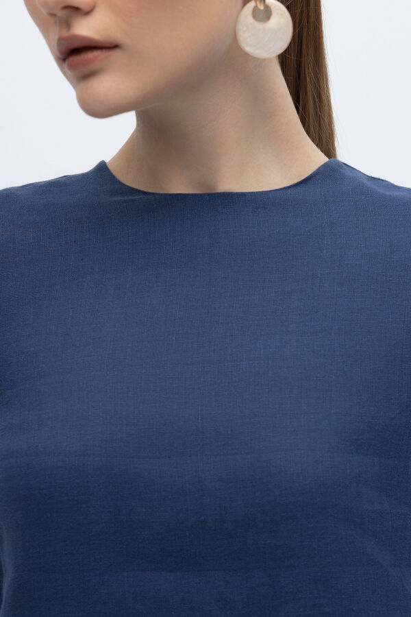 Uzun Kollu Düz Renk Keten Tunik Navy - 2