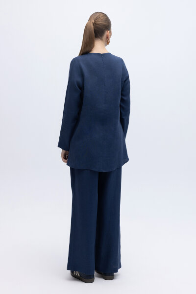 Uzun Kollu Düz Renk Keten Tunik Navy - 3