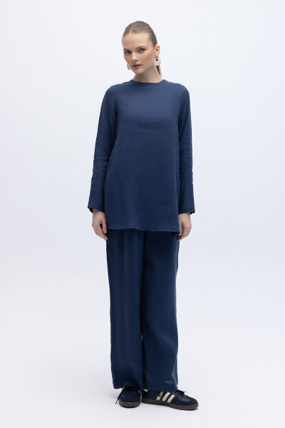 Uzun Kollu Düz Renk Keten Tunik Navy - 4