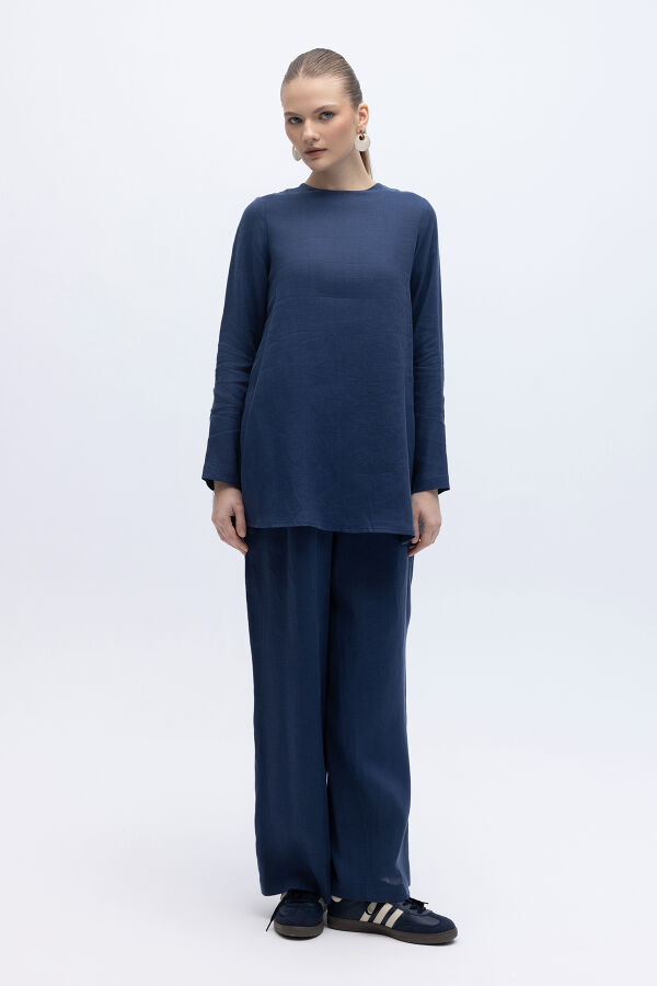 Uzun Kollu Düz Renk Keten Tunik Navy - 4