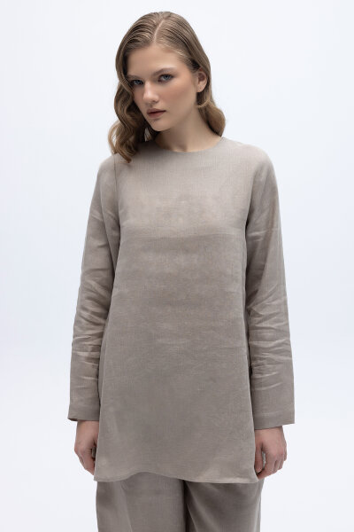 Uzun Kollu Düz Renk Keten Tunik Stone 
