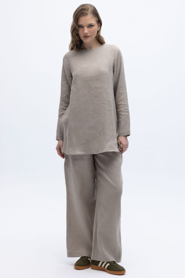 Uzun Kollu Düz Renk Keten Tunik Stone - 3