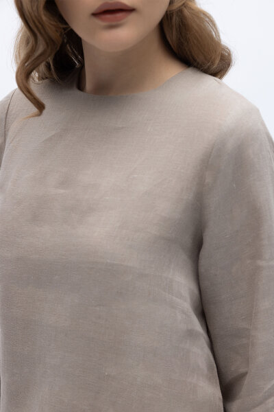 Uzun Kollu Düz Renk Keten Tunik Stone - 5