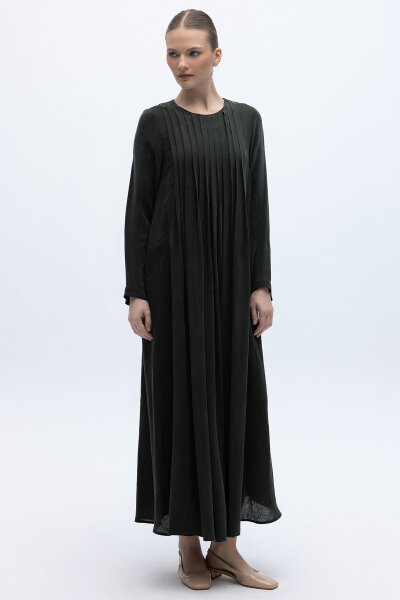 Uzun Kollu Keten Cupro Elbise Siyah 