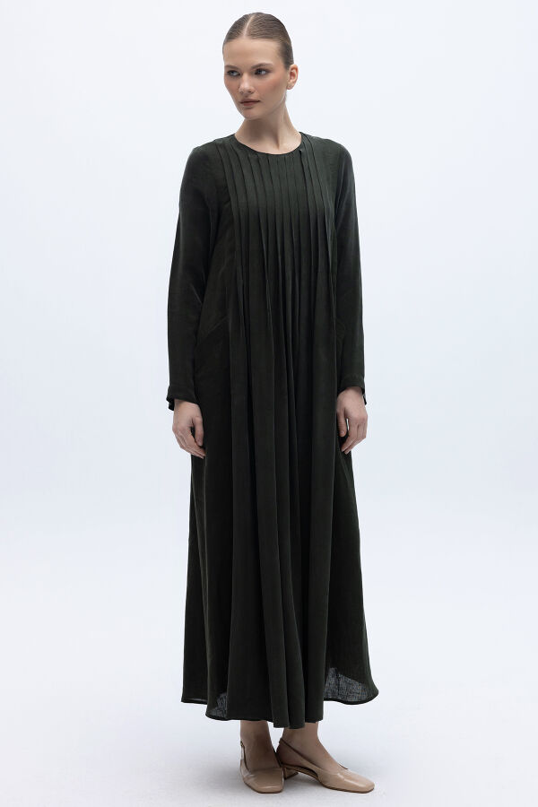 Uzun Kollu Keten Cupro Elbise Siyah - 1