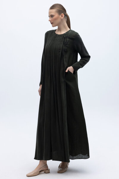 Uzun Kollu Keten Cupro Elbise Siyah - MISS DALIDA (1)