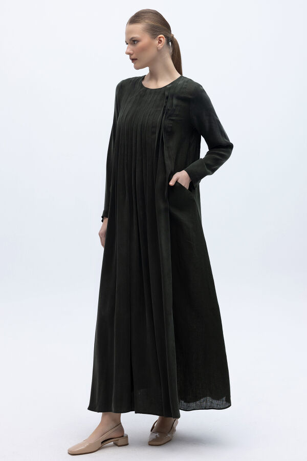 Uzun Kollu Keten Cupro Elbise Siyah - 2