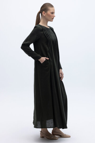 Uzun Kollu Keten Cupro Elbise Siyah - 3