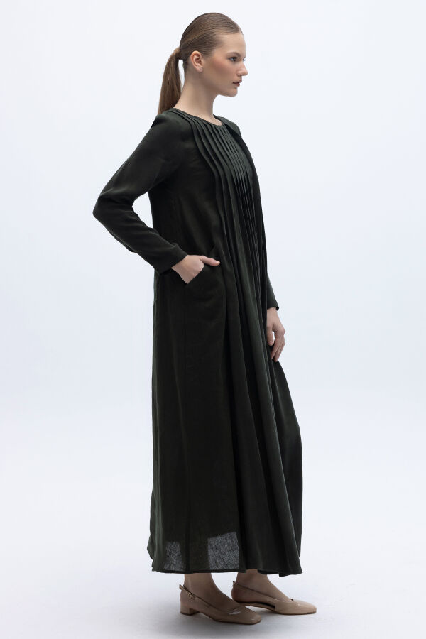 Uzun Kollu Keten Cupro Elbise Siyah - 3