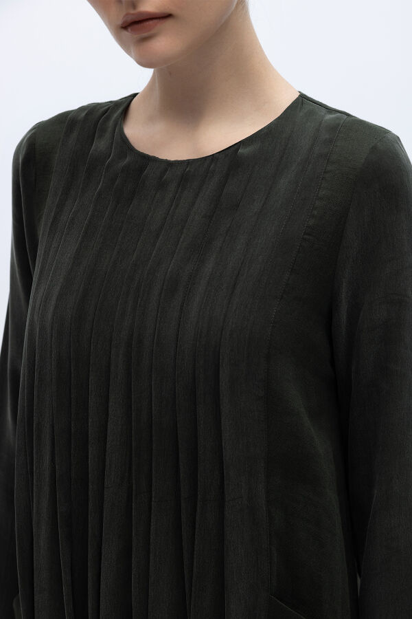 Uzun Kollu Keten Cupro Elbise Siyah - 4