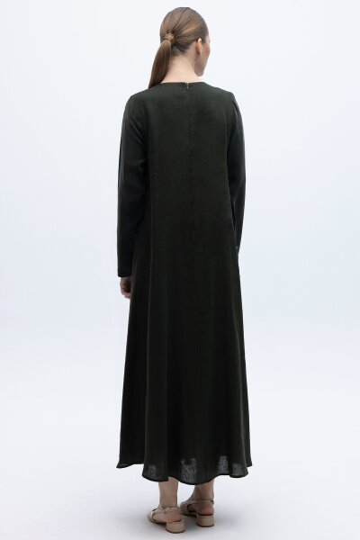 Uzun Kollu Keten Cupro Elbise Siyah - 5