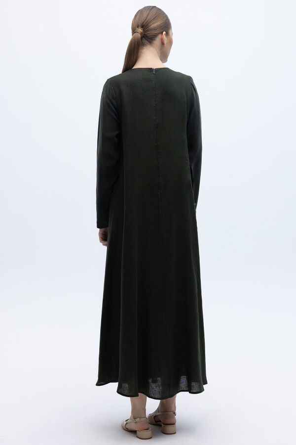 Uzun Kollu Keten Cupro Elbise Siyah - 5