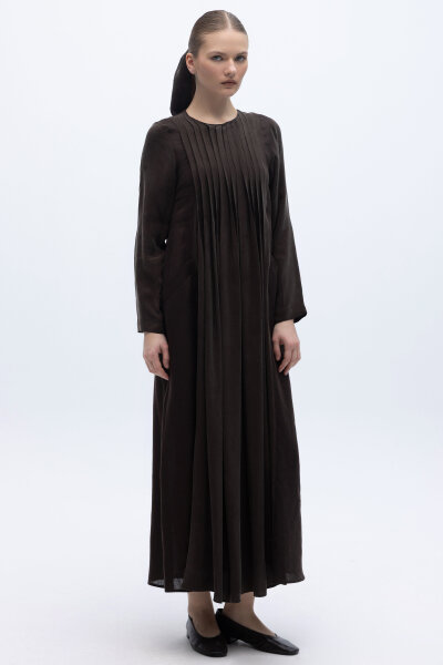 Uzun Kollu Keten Cupro Elbise Kahverengi - 1