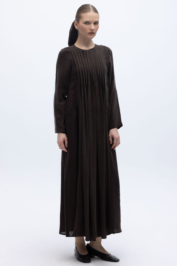 Uzun Kollu Keten Cupro Elbise Kahverengi - 1