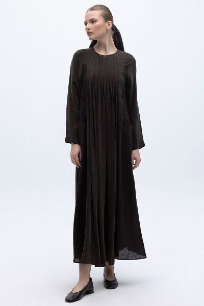 Uzun Kollu Keten Cupro Elbise Kahverengi - 2