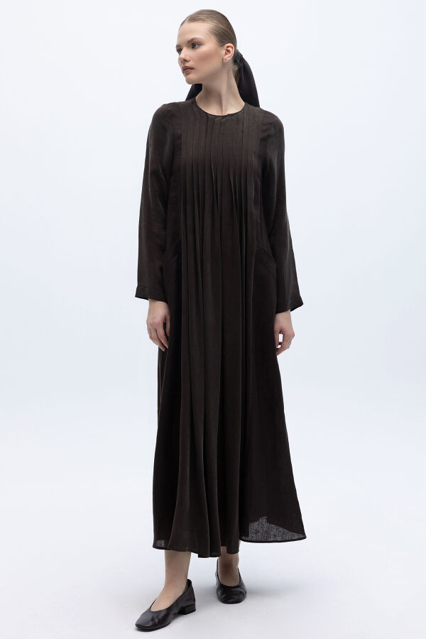 Uzun Kollu Keten Cupro Elbise Kahverengi - 2