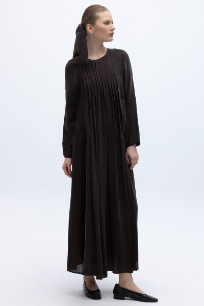 Uzun Kollu Keten Cupro Elbise Kahverengi - 3