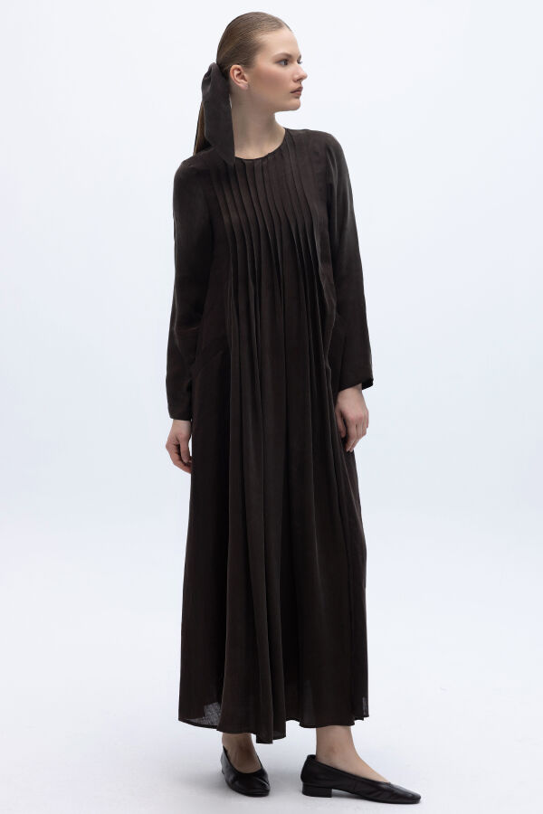 Uzun Kollu Keten Cupro Elbise Kahverengi - 3