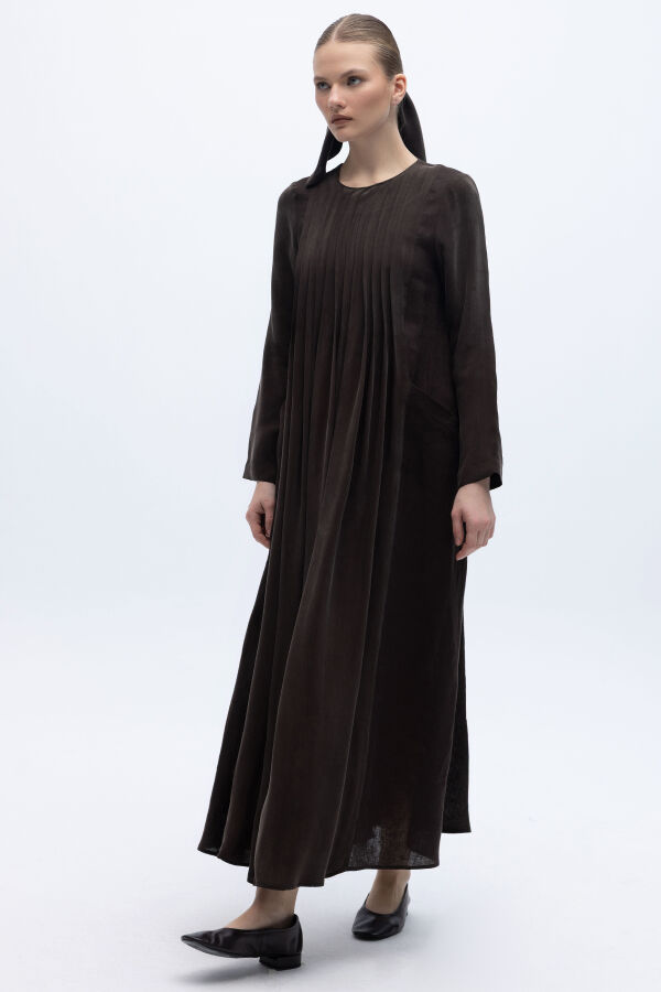 Uzun Kollu Keten Cupro Elbise Kahverengi - 4