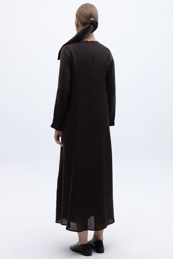 Uzun Kollu Keten Cupro Elbise Kahverengi - 5