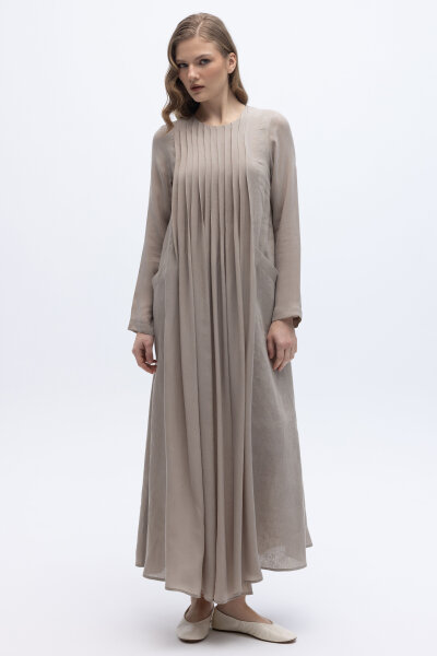 Uzun Kollu Keten Cupro Elbise Stone 