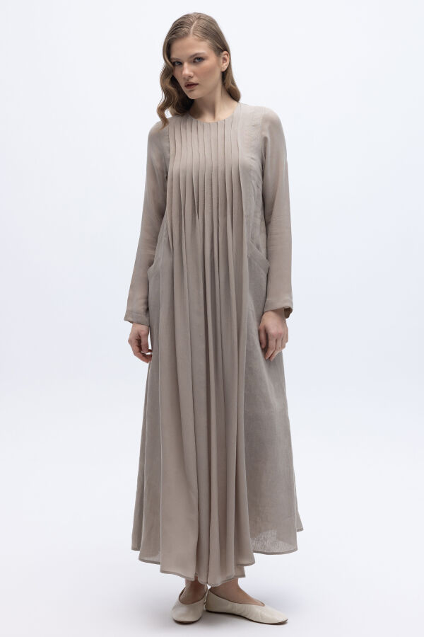 Uzun Kollu Keten Cupro Elbise Stone - 1