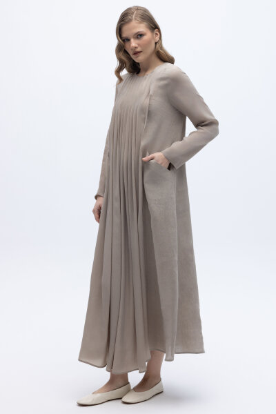 Uzun Kollu Keten Cupro Elbise Stone - 2