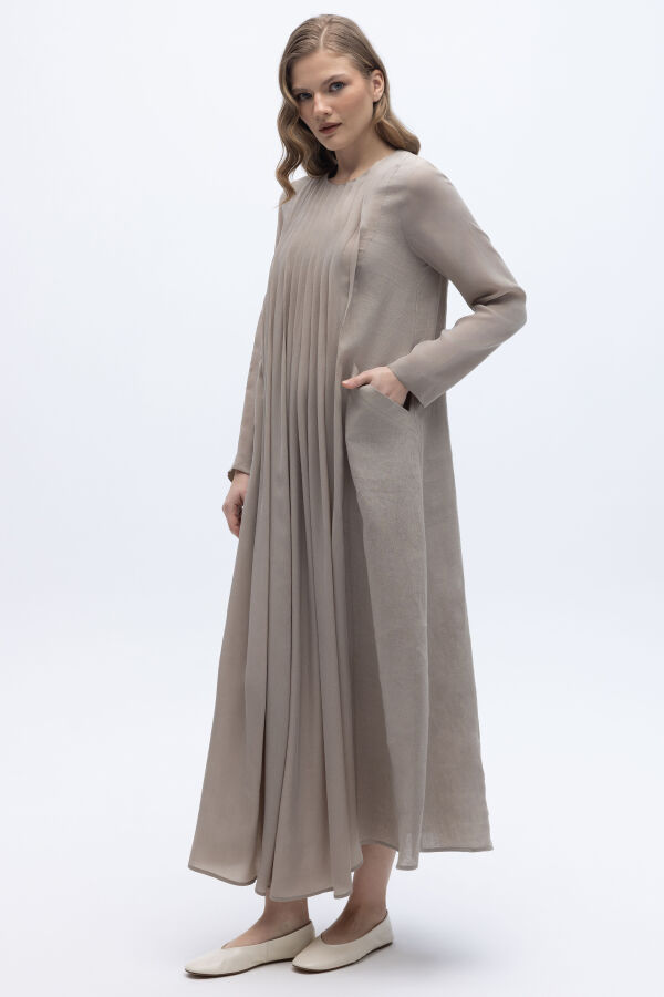 Uzun Kollu Keten Cupro Elbise Stone - 2
