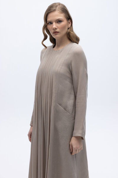 Uzun Kollu Keten Cupro Elbise Stone - 4