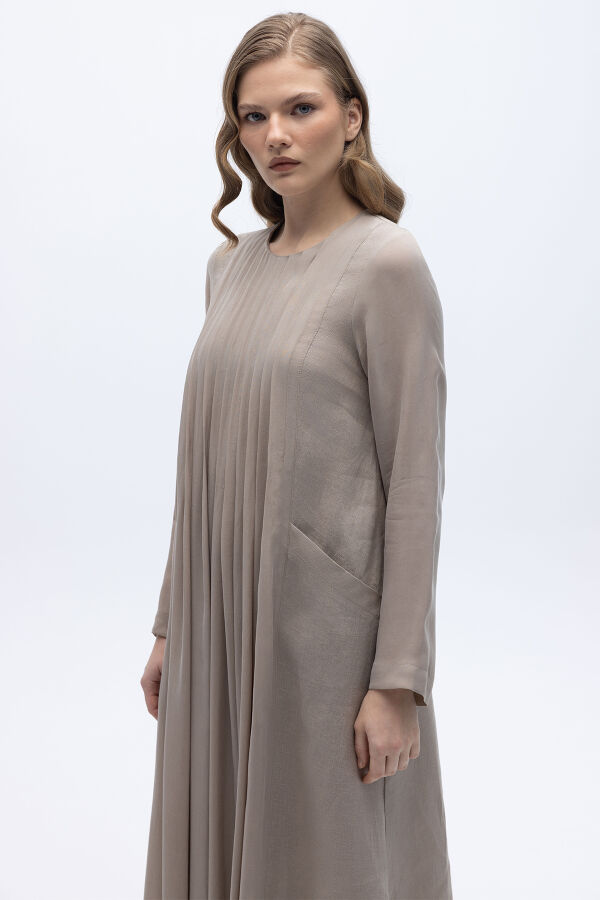 Uzun Kollu Keten Cupro Elbise Stone - 4