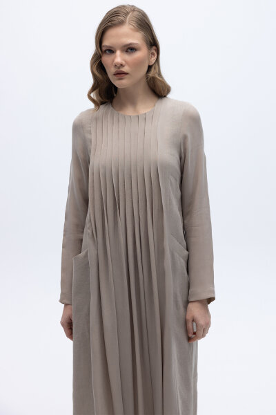 Uzun Kollu Keten Cupro Elbise Stone - 5