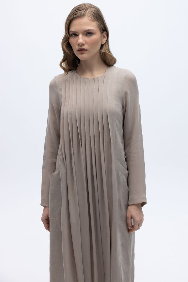 Uzun Kollu Keten Cupro Elbise Stone - 5