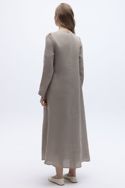 Uzun Kollu Keten Cupro Elbise Stone - 6