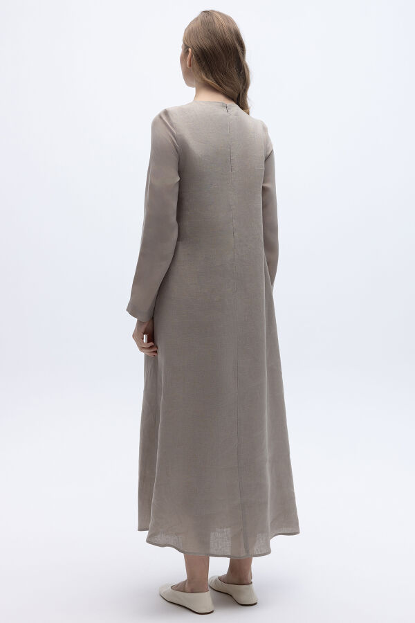 Uzun Kollu Keten Cupro Elbise Stone - 6