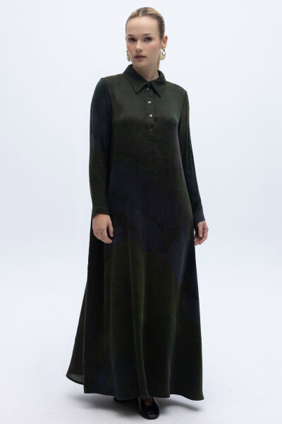 Uzun Kollu Renkli Elbise Haki - 1