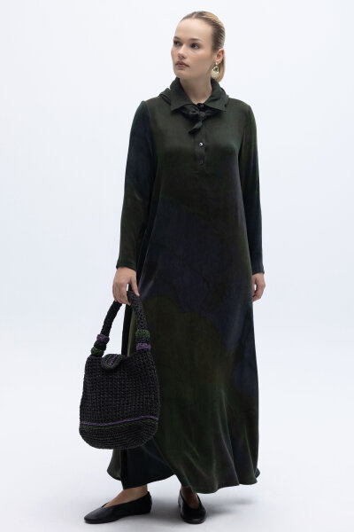 Uzun Kollu Renkli Elbise Haki - 3