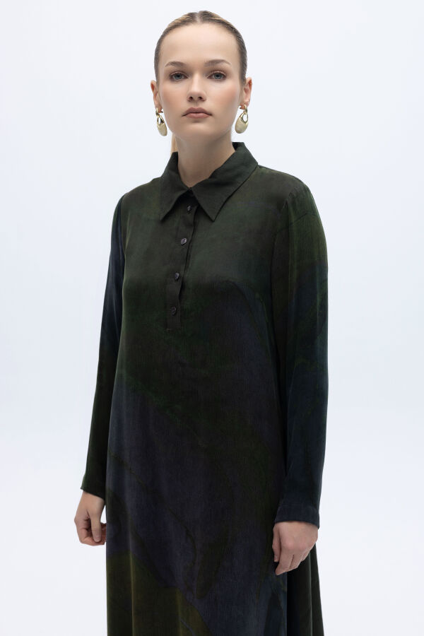 Uzun Kollu Renkli Elbise Haki - 4