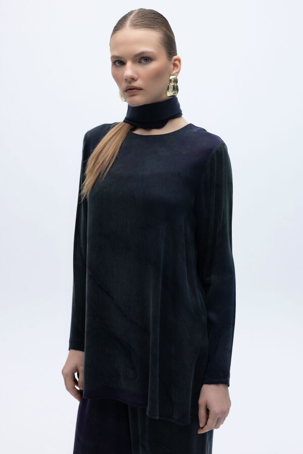 Uzun Kollu Renkli Tunik Lacivert - 1