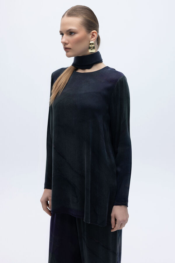 Uzun Kollu Renkli Tunik Lacivert - 5