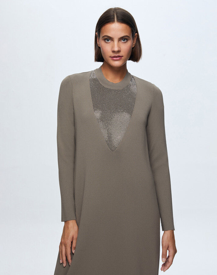 T24K-4010 V-Neck Stone Detailed Dress - 1