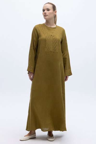 V Yaka Ajurlu Keten Elbise Amber 