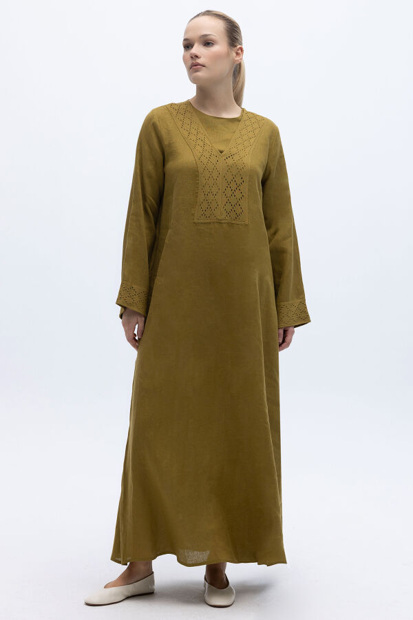 V Yaka Ajurlu Keten Elbise Amber - 1