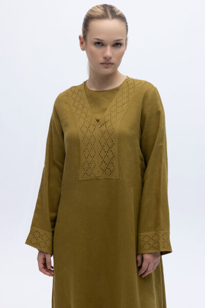 V Yaka Ajurlu Keten Elbise Amber - 2