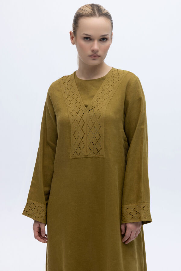 V Yaka Ajurlu Keten Elbise Amber - 2