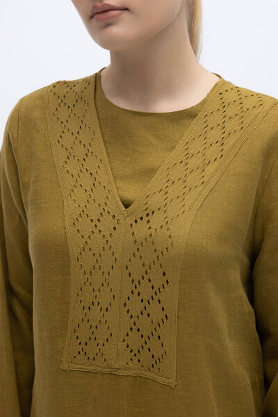 V Yaka Ajurlu Keten Elbise Amber - 3