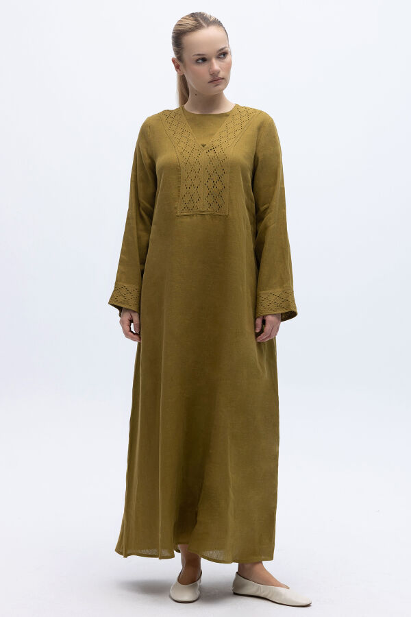 V Yaka Ajurlu Keten Elbise Amber - 5