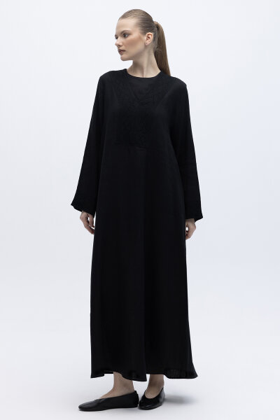 V Yaka Ajurlu Keten Elbise Siyah 