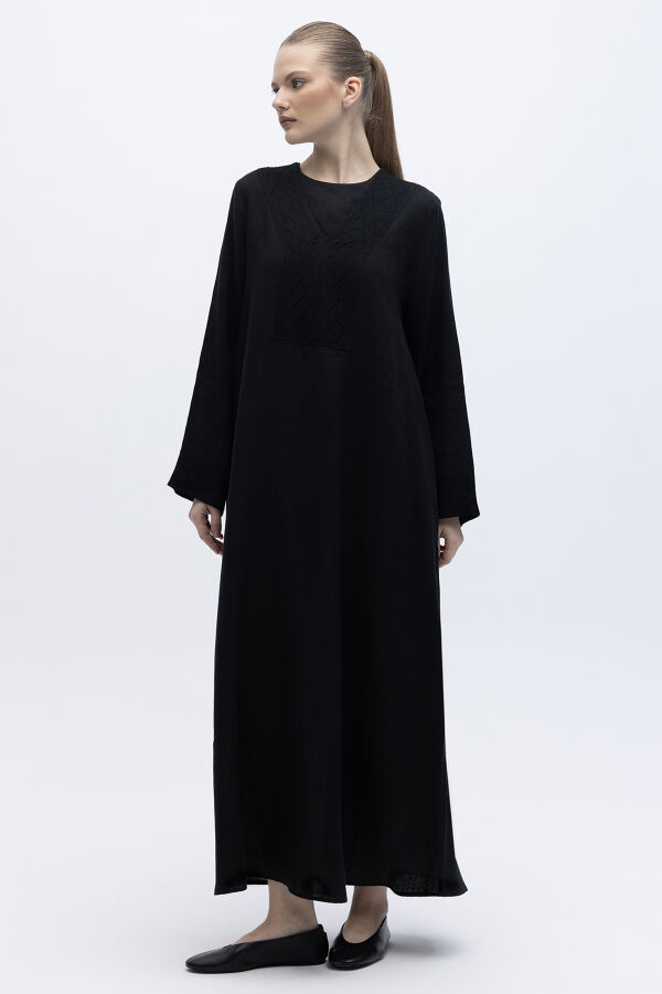 V Yaka Ajurlu Keten Elbise Siyah - 1