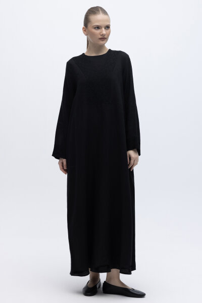 V Yaka Ajurlu Keten Elbise Siyah - 2