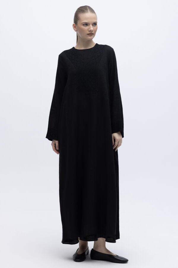 V Yaka Ajurlu Keten Elbise Siyah - 2